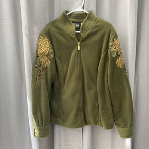 Bob Mackie Wearable Art Fleece Jacket Green Embroidered Floral Size Large
